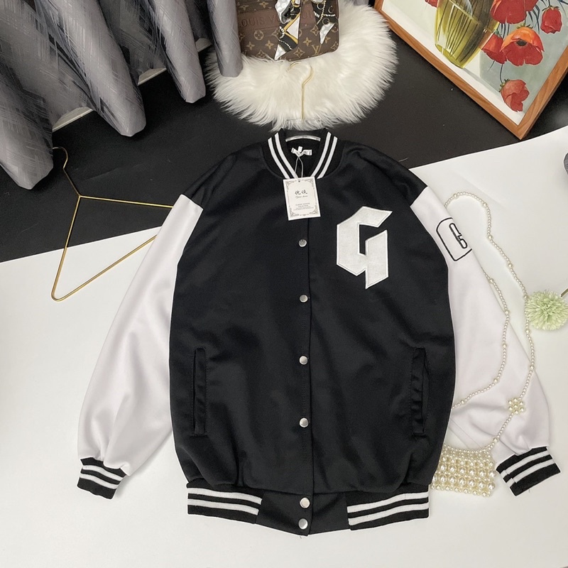 Áo Khoác Bomber Nỉ Chữ G Tay Bồng Bo Dệt Dáng Unisex Nam Nữ