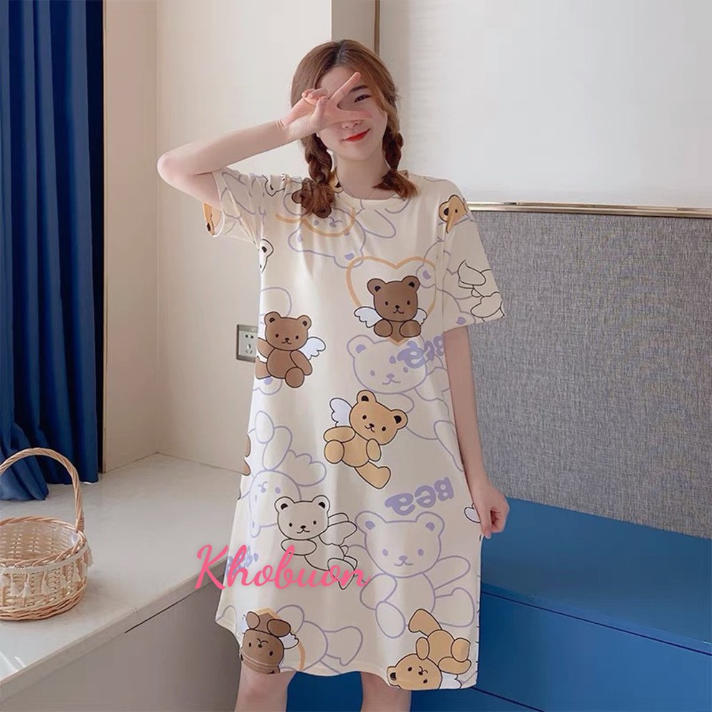 Váy ngủ cộc tay dáng suông họa tiết dễ thương bầu bí bon chen thoải mái V287