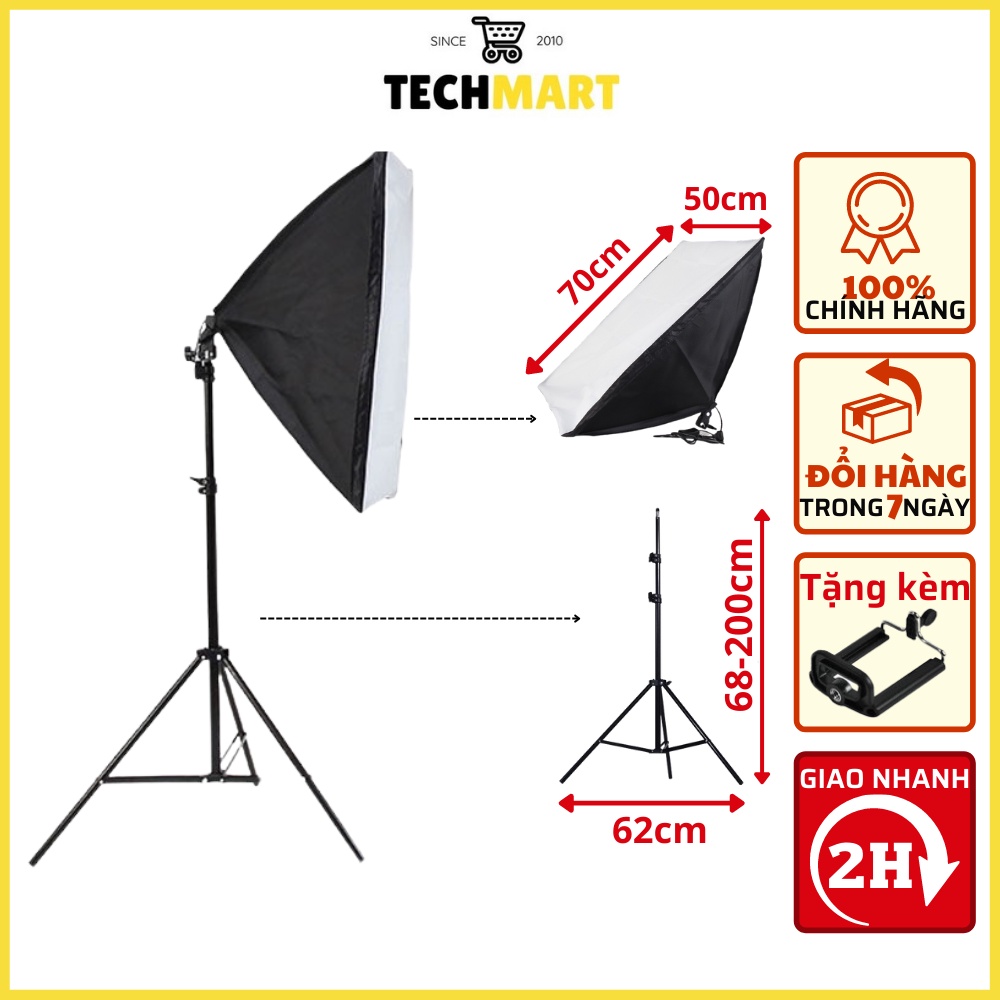 Bộ đèn chụp ảnh sản phẩm studio, quay phim, livestream chuyên nghiệp, Chân đèn cao 2m kèm Softbox 50x70cm