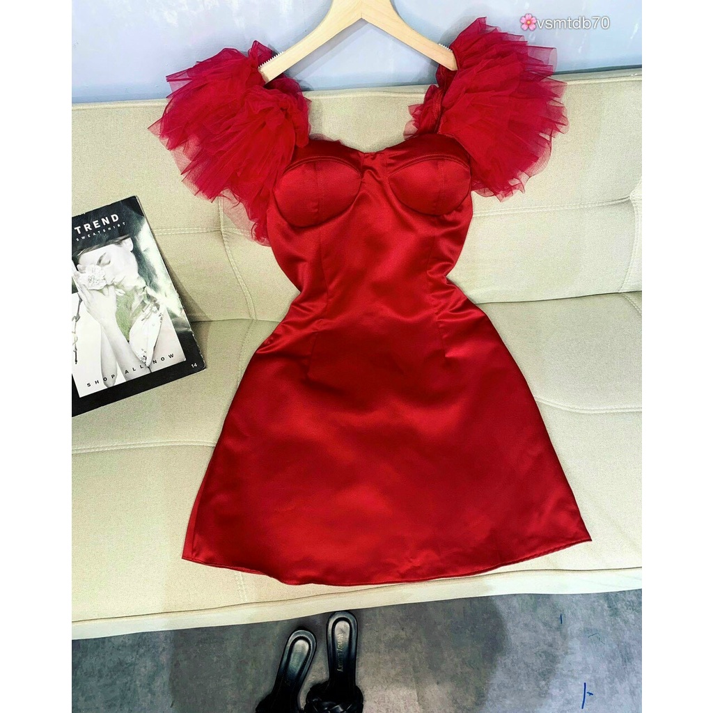 Đầm nữ dạ tiệc tay phồng cánh tiên siêu xinh, 3 màu sắc (Trắng, Vàng, Đỏ) giúp nàng nổi bật