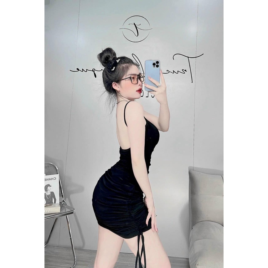 Đầm body 2 dây hở lưng rút dây có mút ngực vải thun cotton lụa dẻo cực mát mềm mịn, đầm mặc được 2 kiểu ngắn và dài