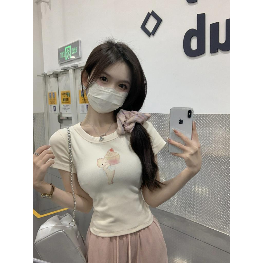 Áo Thun Cotton Ngắn Tay Dáng Ôm In Hình Dễ Thương Thời Trang Mùa Hè 62163