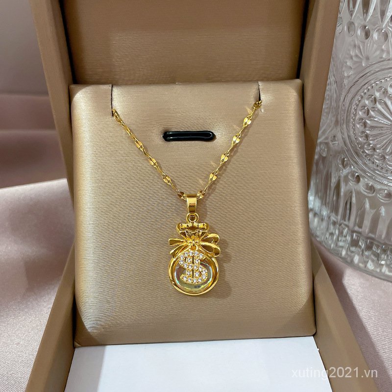 【Thép Titan】Kim Cương Phong Cách Hàn Quốc Mẫu MớiSĐồng Xu Mắt Mèo Túi Tiền Vòng Cổ Bằng Thép Titan Nữ Nổi Tiếng Trên Mạng Thời Trang Tính Khí Dây Chuyền Xương Đòn