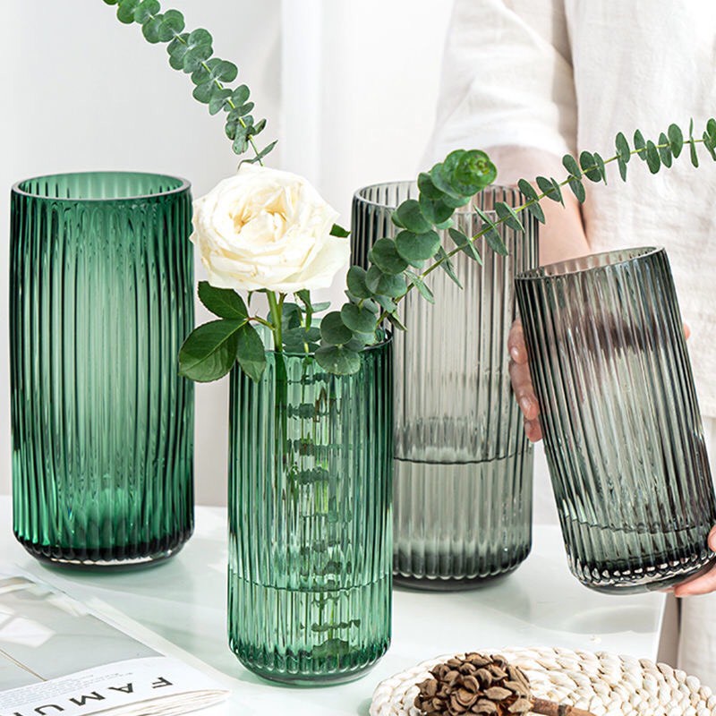 Lọ hoa thủy tinh miệng tròn kẻ sọc, trang trí decor sang trọng phong cách Bắc Âu