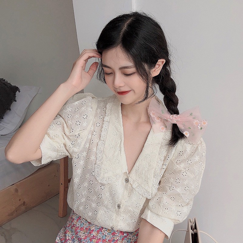 K70 Kẹp nơ hoa cúc lá xanh vải lưới