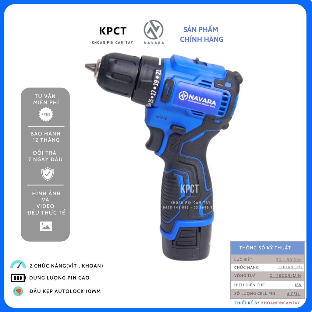 (HÀNG CHÍNH HÃNG) Máy khoan pin NAVARA 18v NVR 7001 kèm 2pin động cơ không chổi than