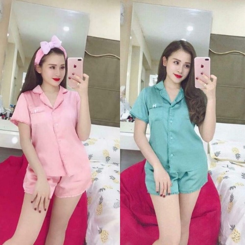 Bộ Pijama Lụa, Đồ Ngủ, Bộ Mặc Nhà Phối Viền Bèo Tay Cộc - Quần Đùi Chất Liệu Lụa Satin