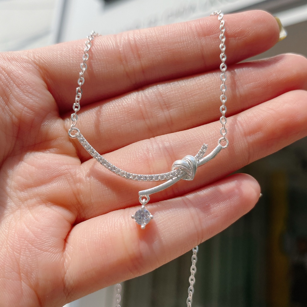 Dây Chuyền Bạc Ta Cao Cấp CaoBac Silver Tim Vắt Chéo Sợi Đá Sợi Trơn Ô Đá Rơi Nhẹ Nhàng, Thanh Lịch Cho Bạn Gái