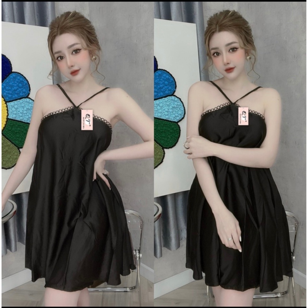Váy ngủ sexy , kèm quần lụa satin trơn vãi siêu mát fom dưới 60 kg siêu đẹp, nhiều màu