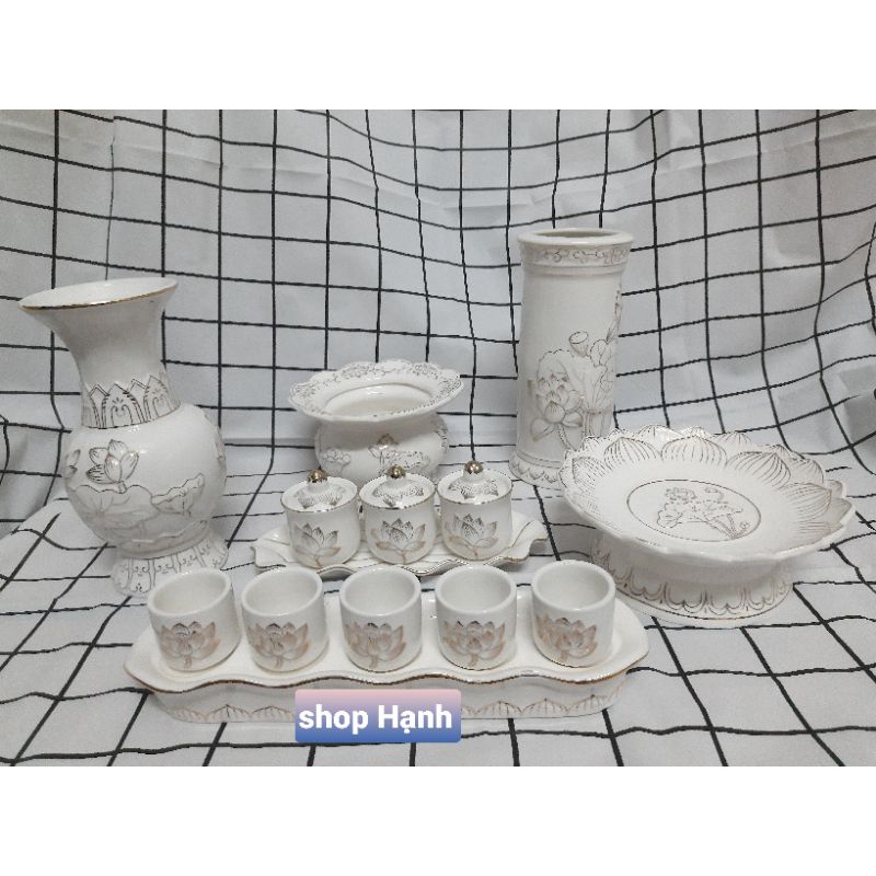 Combo thờ cúng Ông Địa Thần Tài bạch ngọc lư hứng tàn viền sen vàng_Combo nhỏ như hình