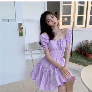 H24 Hottrend Set chân váy bèo lai và áo tay bồng màu tím