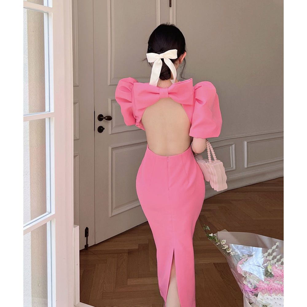 Đầm Ngắn Tay Phồng Hở Lưng Đính Nơ Thời Trang Mùa Hè Quyến Rũ