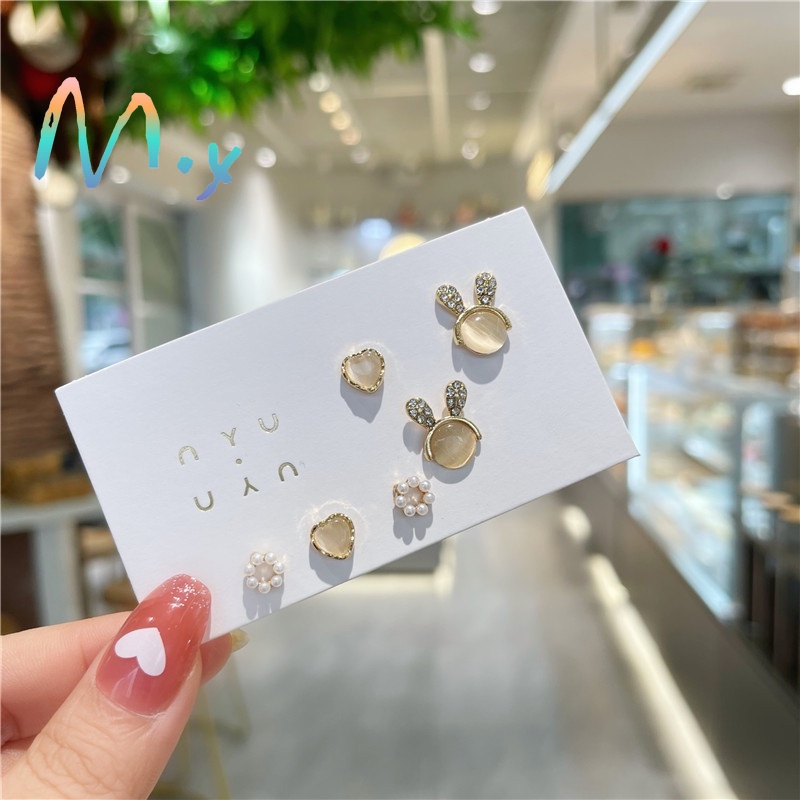 Set 6 khuyên tai kim loại đính đá opal kiểu dáng đa dạng thời trang