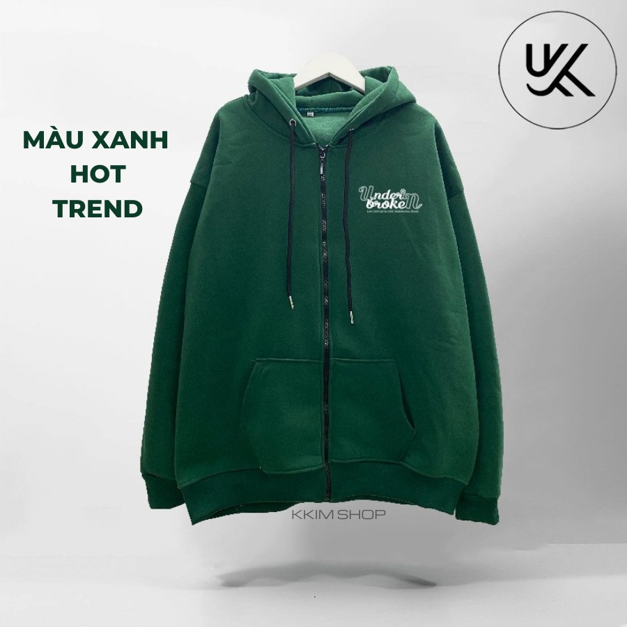 Áo Nỉ HOODIE ZIP UNDER BROKEN màu XANH LÁ, Áo khoác hoodie dây kéo unisex nam nữ form rộng oversize, Nỉ bông cao cấp