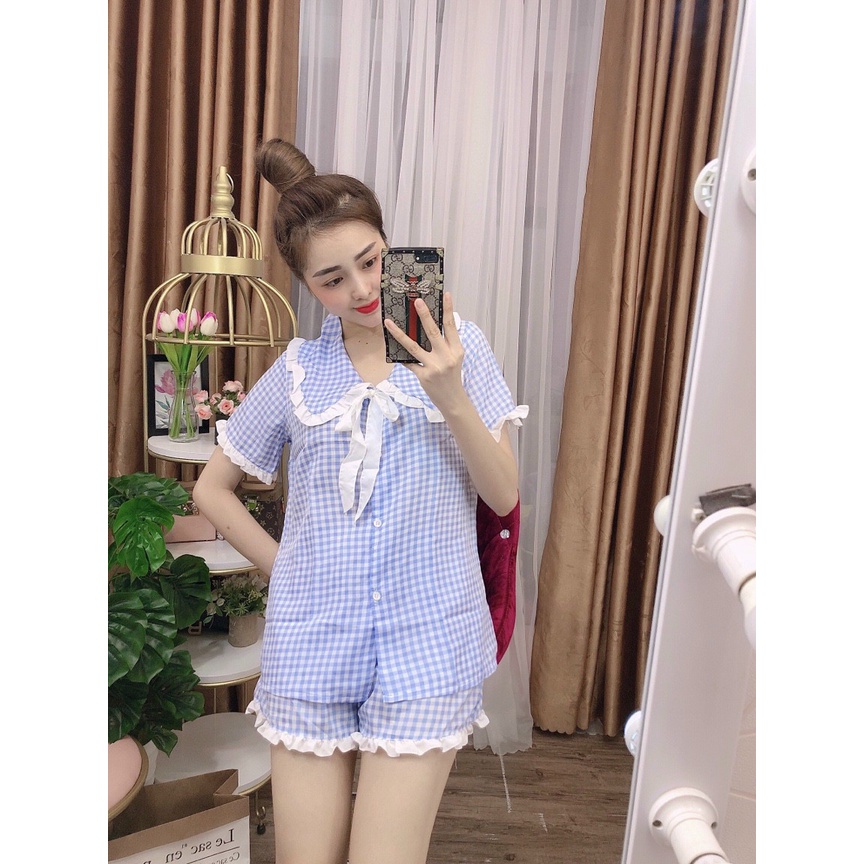 Sét đồ bộ nữ Bộ tiểu thư mặc nhà caro bánh bèo quần ngố form lên thoải mái thời trang