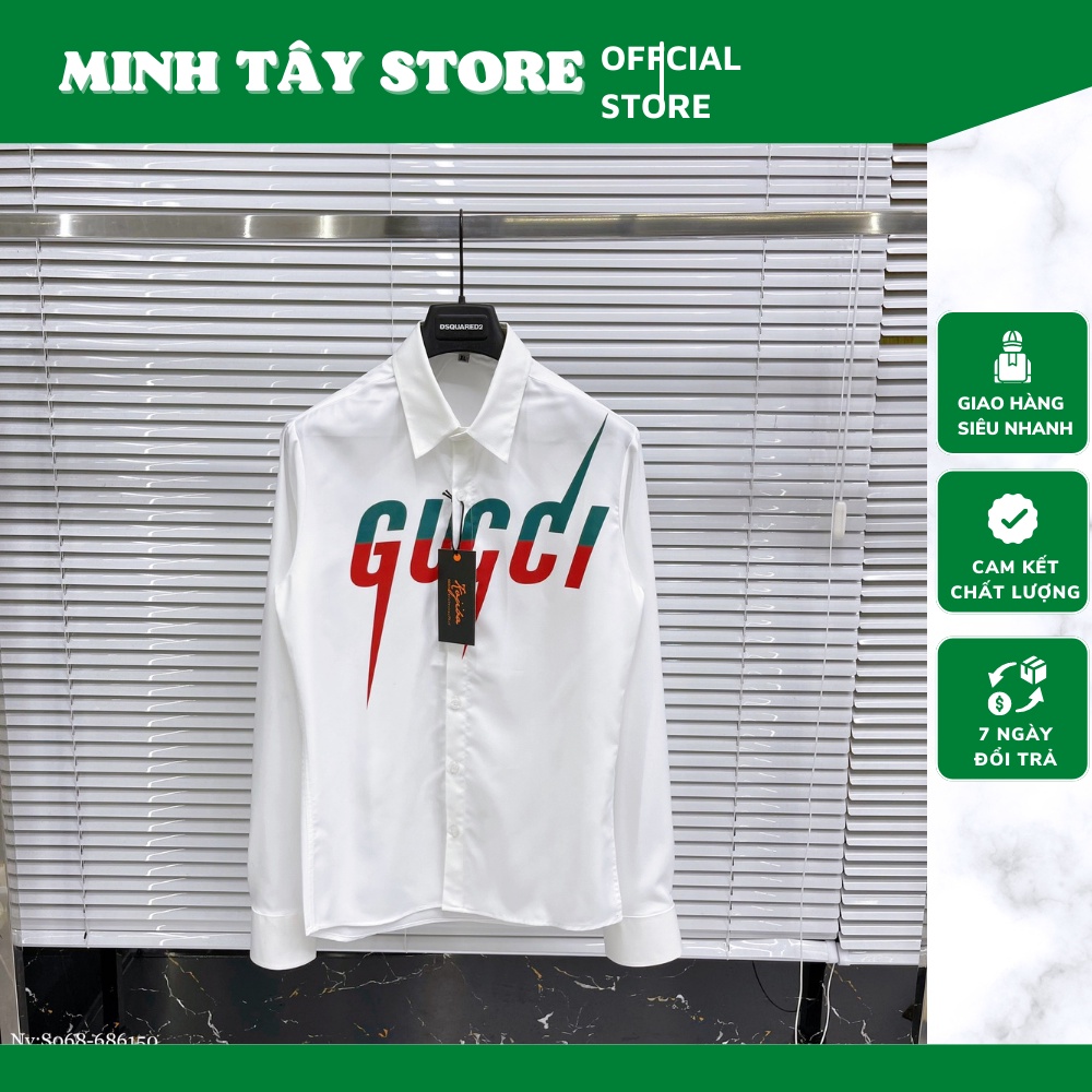 Áo Sơ Mi Nam GC Dài Tay In Chữ Tia Sét Cực Chất. Áo Sơ Mi GC Trắng Cho Nam Chất Lụa Cao Cấp Siêu Mát - MINH TÂY STORE