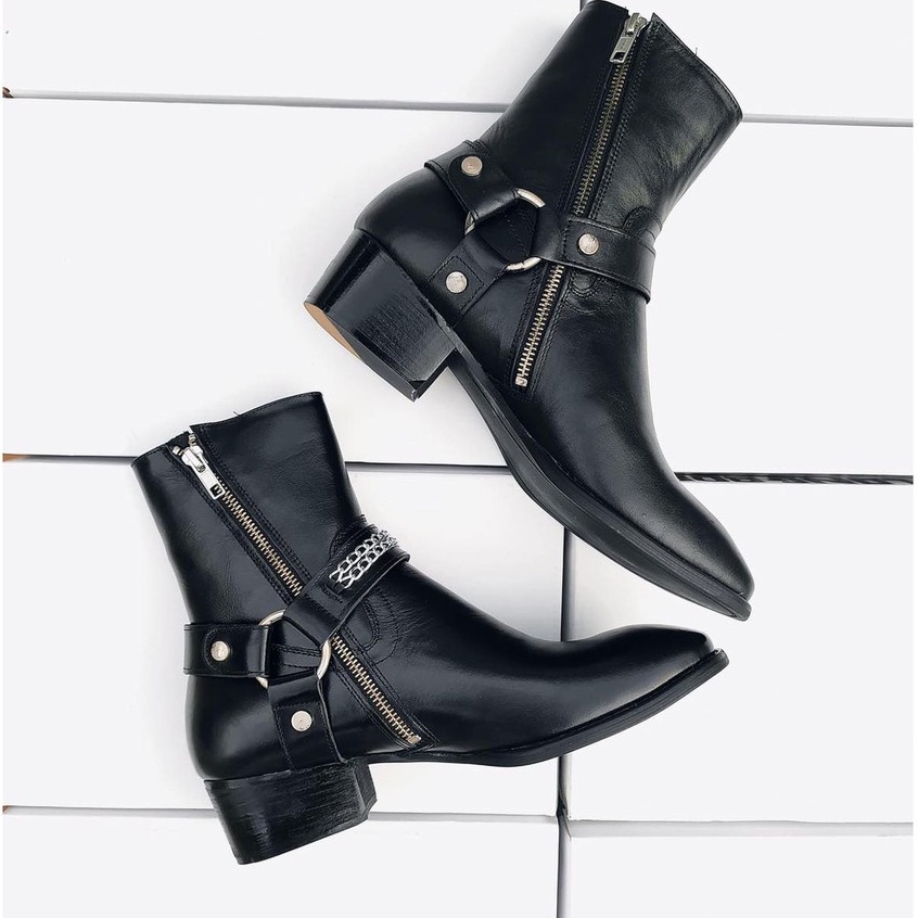 giày bốt nam Harness Boots da bò, đế phíp gỗ - giày boot harness boot da bò loại một đế phip gỗ - giày boot cao cổ nam