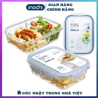 Hộp Thủy Tinh Đựng Thực Phẩm Chữ Nhật 1040 ML (Chia Ngăn) NIKKO INOCHI - Hộp Đựng Cơm  An Toàn Trong Lò Vi Sóng