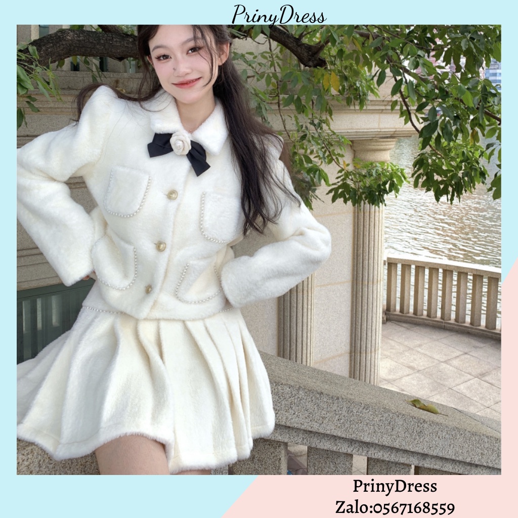 Set áo lông chồn cardigan trắng xinh váy ngắn xòe Ulzzang siêu đẹp ❤️