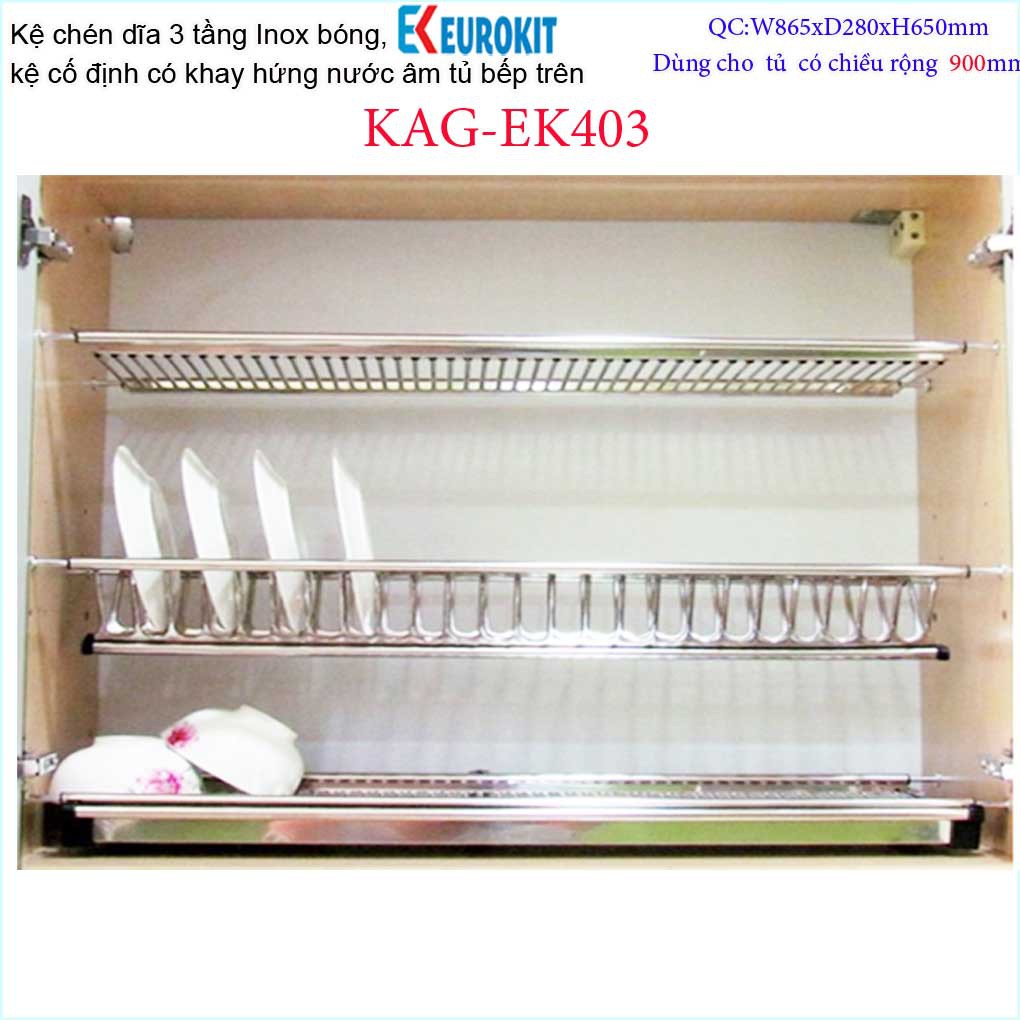 Kệ chén dĩa 3 tầng âm tủ chữ V KAG-EK403-90cm, kệ chén âm tủ Eurokit 90cm Inox bóng cao cấp