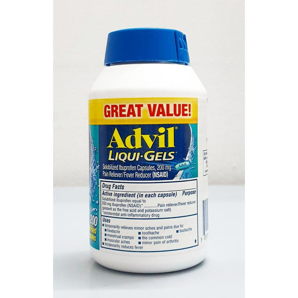 date 8/24 trở lên-chai Viên lớn uống AD.VIL 200mg chai 200 Viên màu xanh liquid filled capsules từ mỹ. Giảm Đa.u Nhứ.c