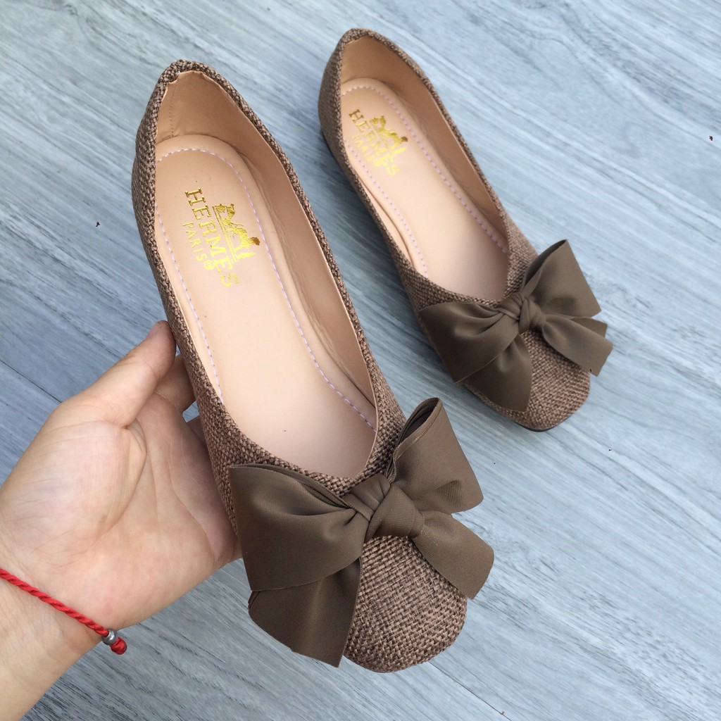 Giày bệt dạ nâu nữ gắn nơ vải xinh sắn bản đẹp 2019 [form rộng]