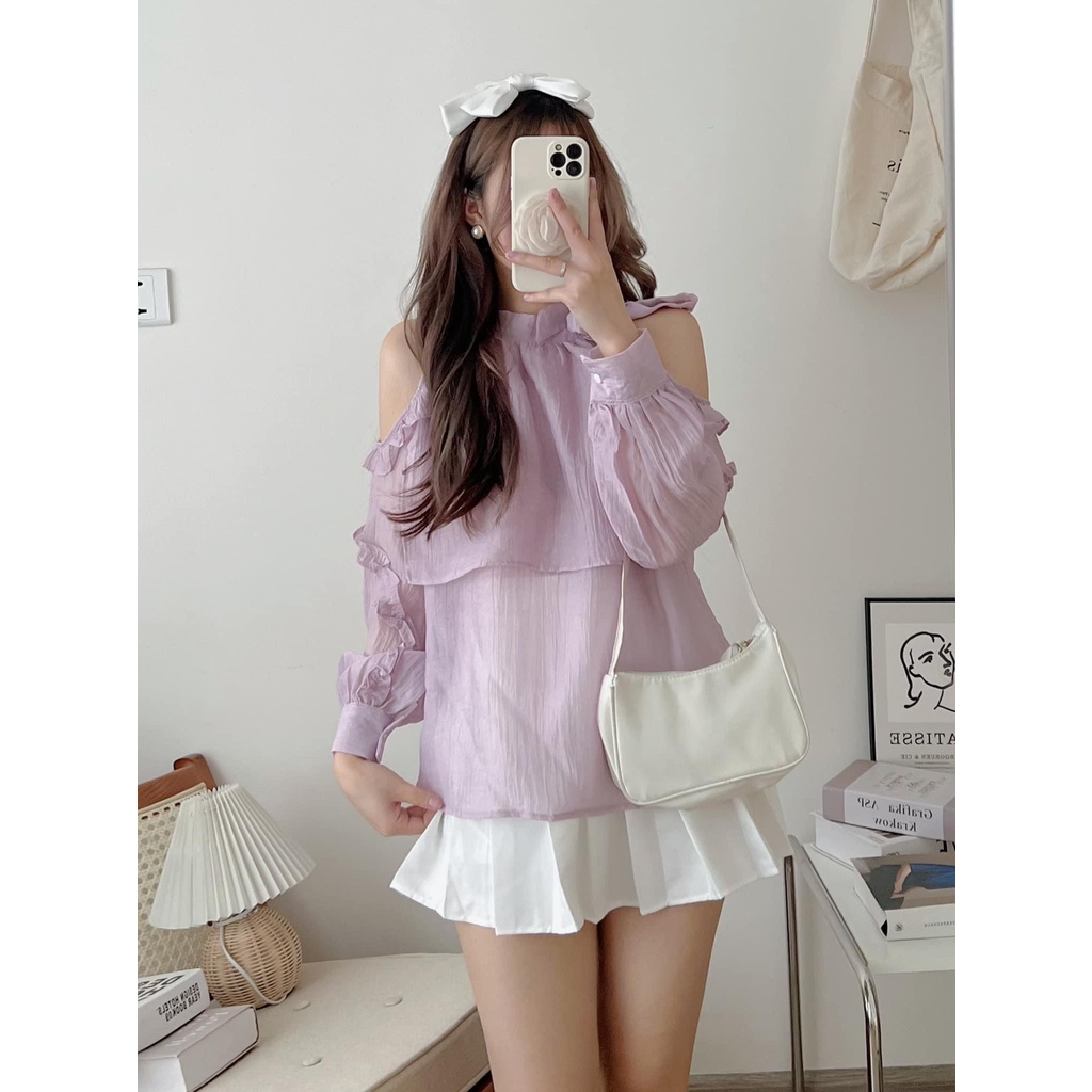 Áo tơ cổ yếm tay bèo khoét vai thắt nơ điệu đà