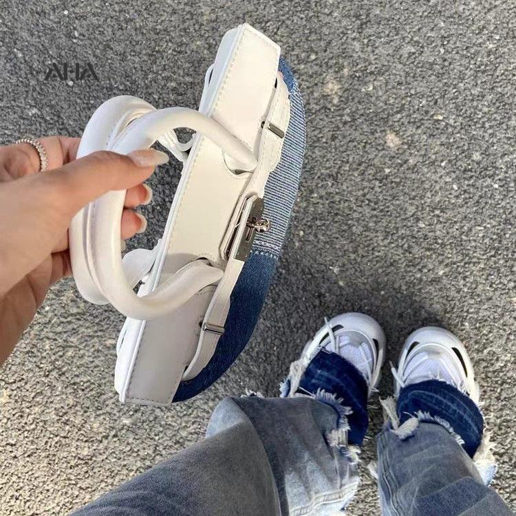 Túi xách denim AHA official nửa hình bán nguyệt có khóa thời trang cá tính dễ phối đồ cho nữ