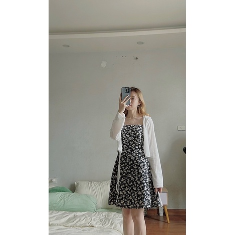Set đầm hoa Flower kèm áo nơ trắng Ulzzang