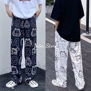 Quần ống rộng in hình MÈO CARTOON  quần dáng suông lưng cao cạp chun chất vải cực mát phong cách Hàn Quốc