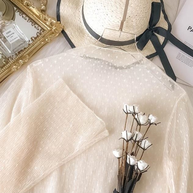 Áo Lưới Tay Dài Loe Phối Ren Họa Tiết Chấm Bi Dành Cho Nữ