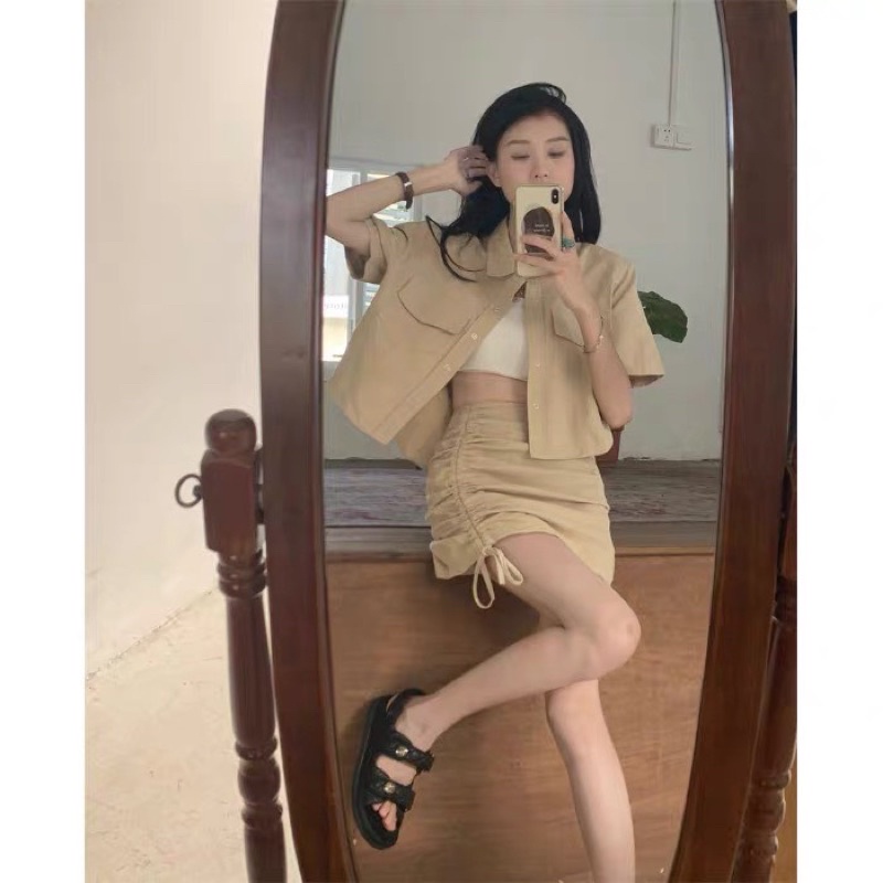 Set Áo Sơmi Mix Chân Váy Rút Dây 4 Màu Cá Tính Có Ảnh Thật
