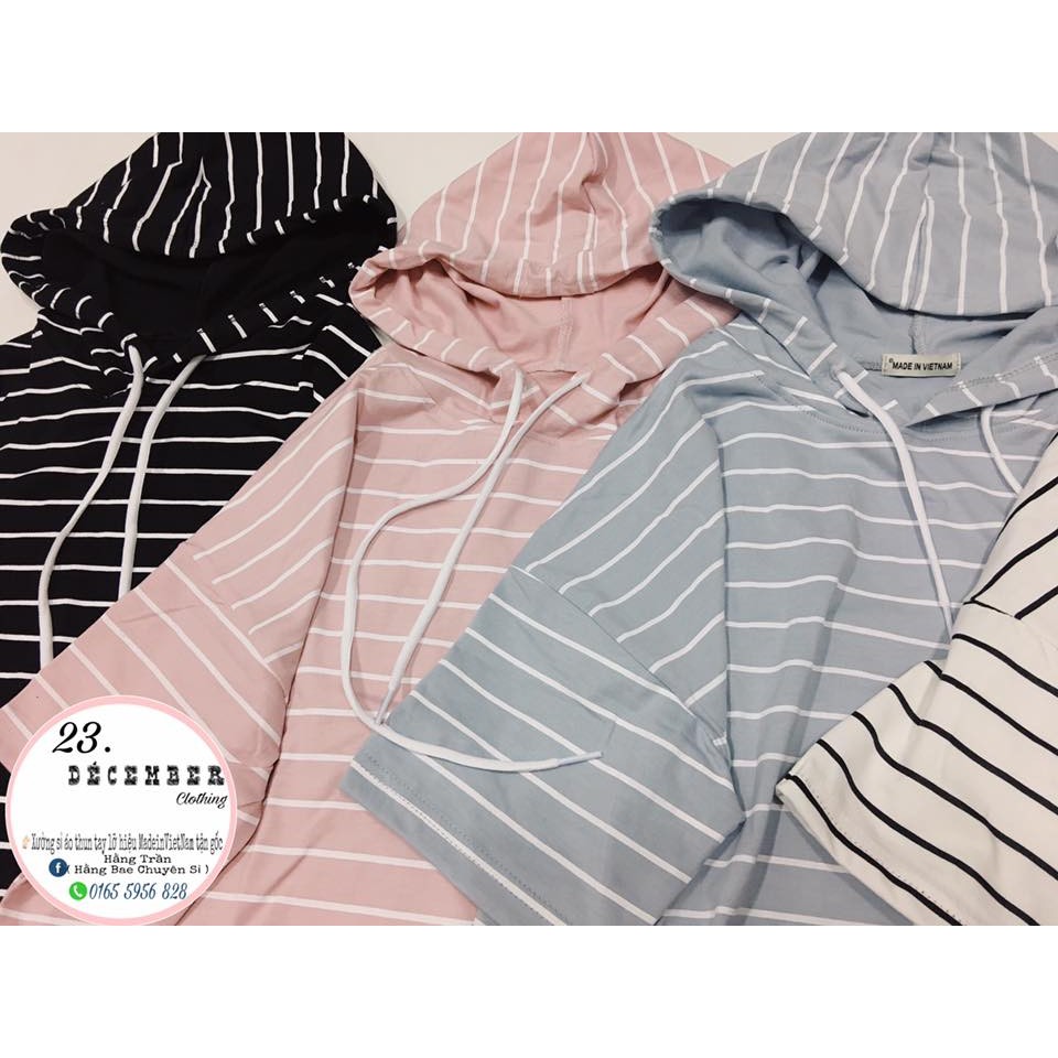 Áo croptop có mũ sọc kẻ ngang màu pastel form rộng có dây rút tăng độ rộng cho nón