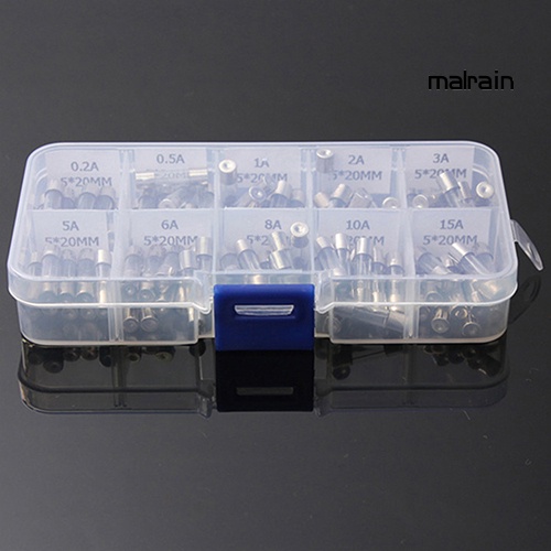 Bộ 100 cầu chì ống thủy tinh 5x20mm 0.2A-15A cho xe hơi