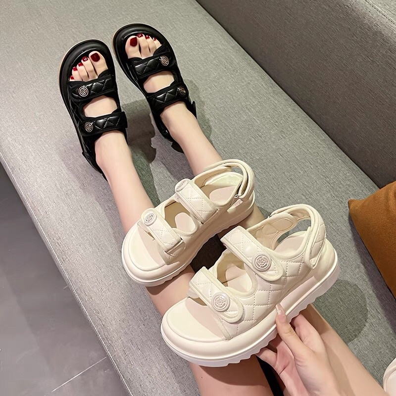 Sandal nữ hoa trà quai da trần chỉ đế cao 4cm