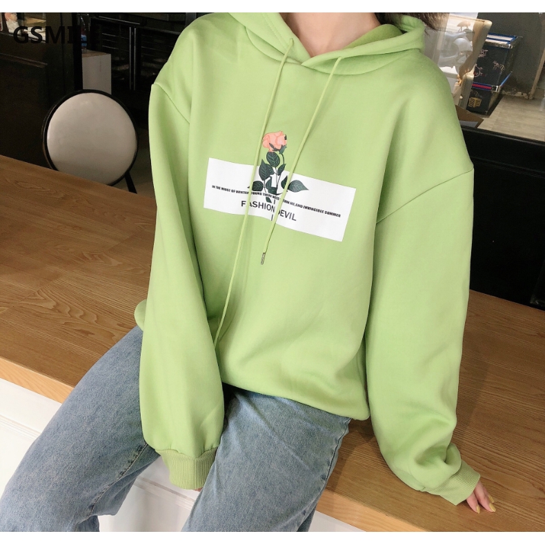 Áo hoodie nữ tay dài in hoa phong cách Hàn Quốc
