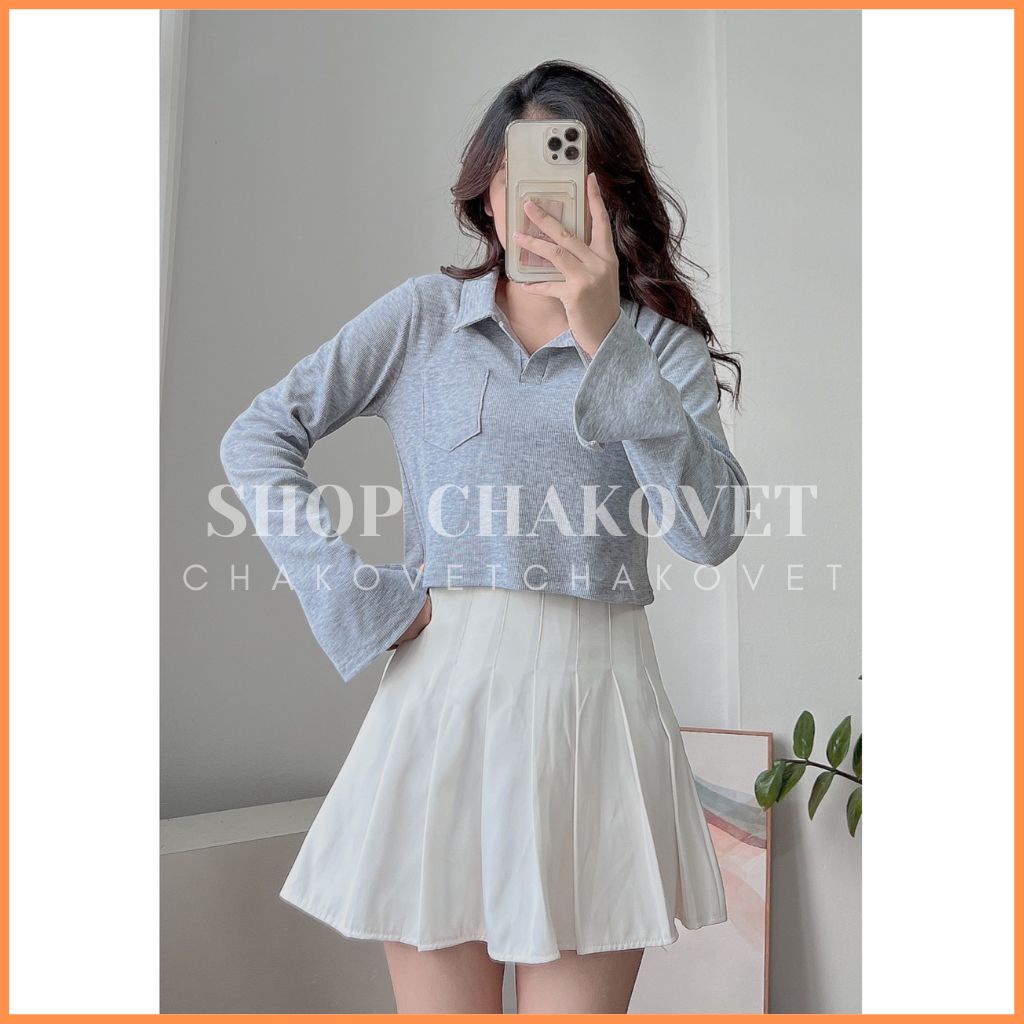 Áo Croptop nữ dài tay cổ Polo A8424 Áo dáng ngắn có túi ngực ôm Body tôn dáng cực quyến rũ cá tính tiểu thư