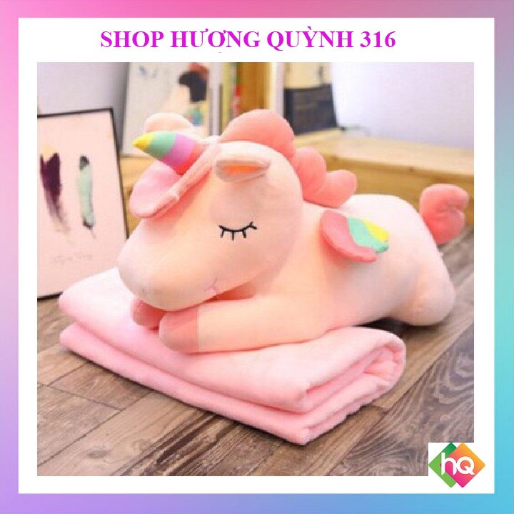 (HQ)Gối Gấu bông ngựa Pony một sừng có kèm chăn 2in1. Hương Quỳnh