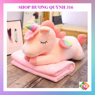 (HQ)Gối Gấu bông ngựa Pony một sừng có kèm chăn 2in1. Hương Quỳnh