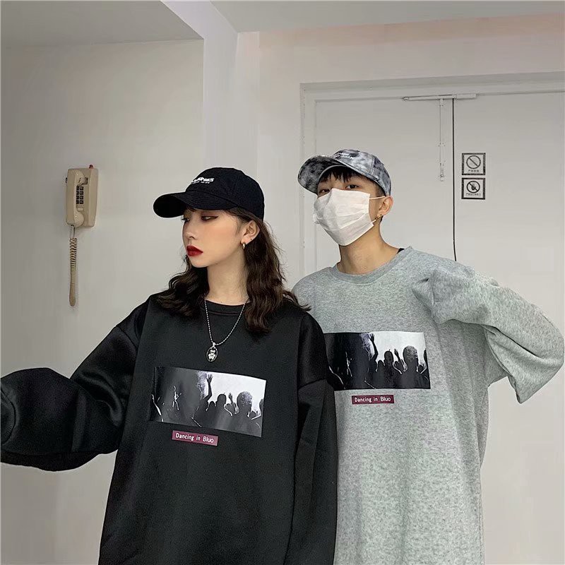 Áo Sweater Dáng Rộng Tay Dài Màu Trơn In Hình Thời Trang Phong Cách Hàn Quốc