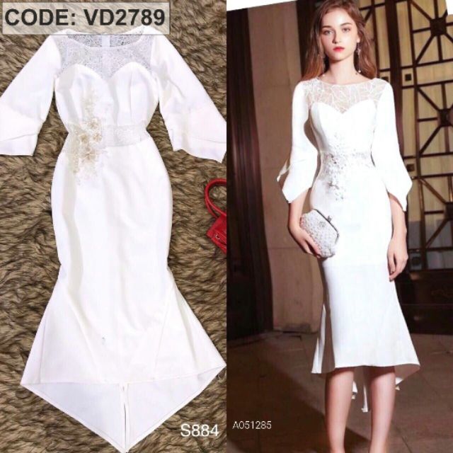 Đầm body tay lỡ phối ren hoa kết cườm