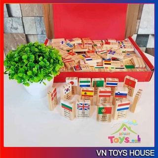 Bộ domino cờ 100 quốc gia bằng gỗ 4 thứ tiếng