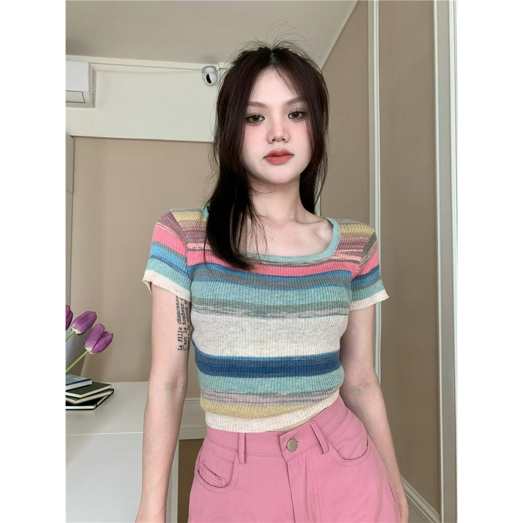 Áo sweater Mỏng Sáp Mềm Cổ Vuông Tay Ngắn Kẻ Sọc Màu Tương Phản Thời Trang Mùa Hè Cho Nữ