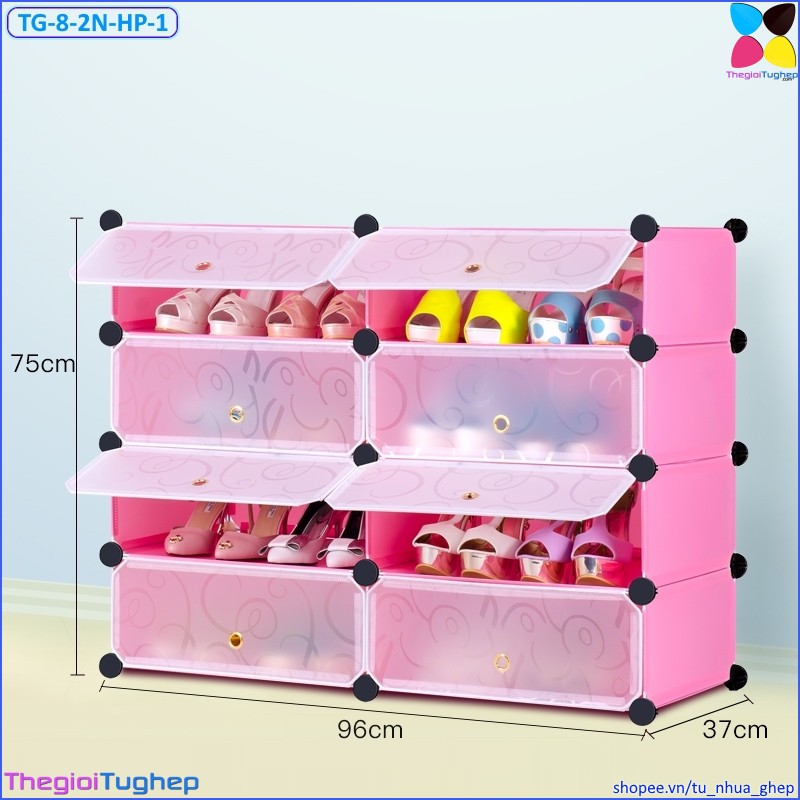 Tủ giầy nhựa lắp ghép 8 ô, 2 cột 4 tầng, có cửa, để được 16 đôi giày (màu: Đen vân, Vàng trơn, Xanh dương, Hồng phấn)