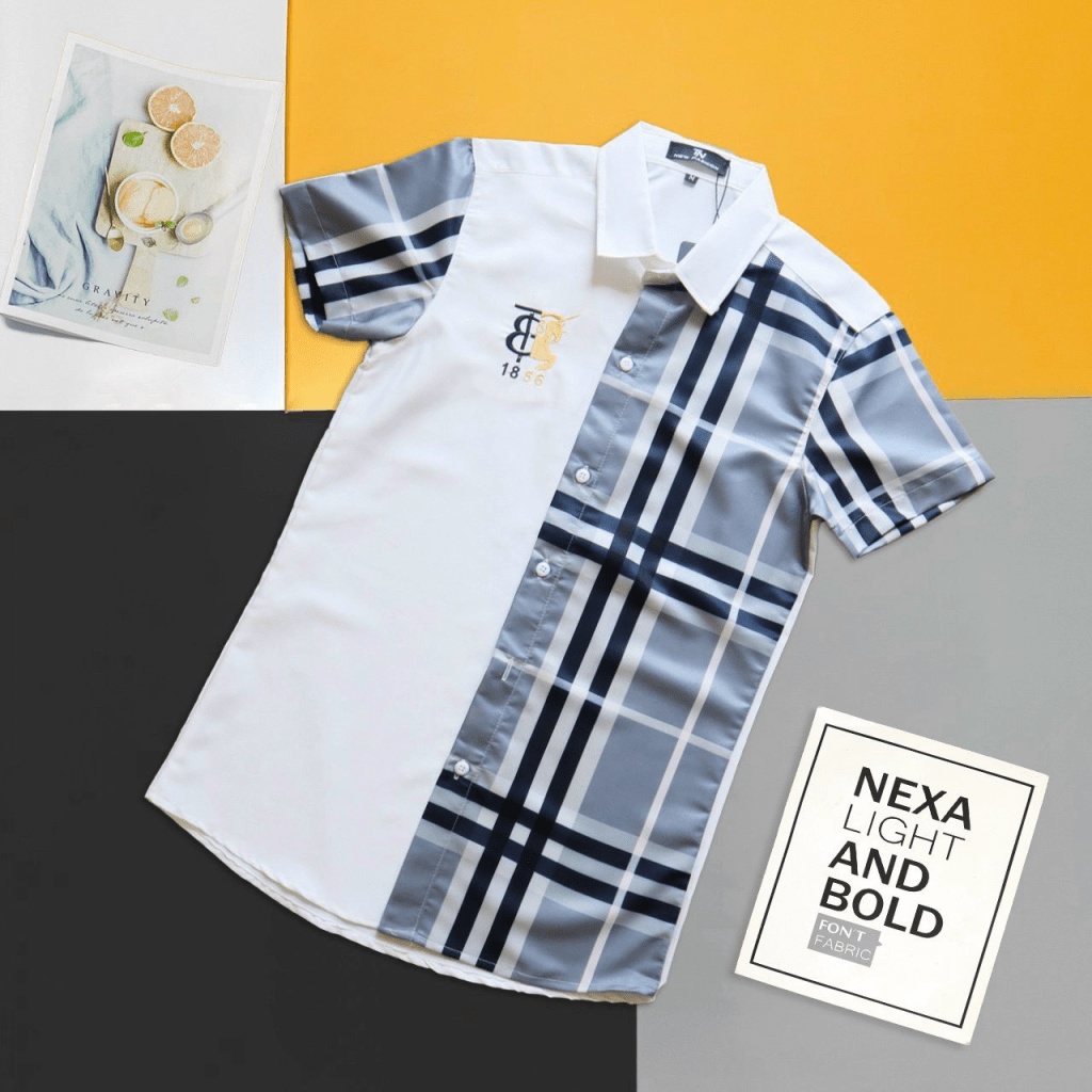 Áo Sơ Mi Nam Tay Ngắn Phối Nửa Sọc Caro 4 màu Logo Thêu Nổi Vải Lụa Ép Nhiệt 3D Phong Cách Thời Trang Mới [NEW UNISEX]