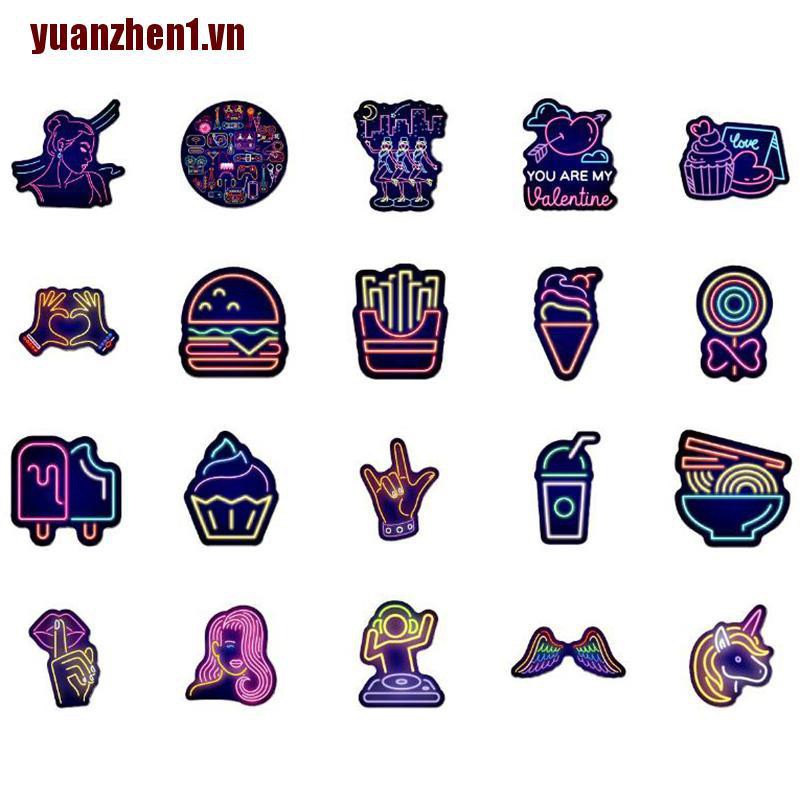1 [Yuanzhen] 50 Miếng Dán Chống Thấm Nước Màu Neon Trang Trí Laptop Ván Trượt Guitar Guitar