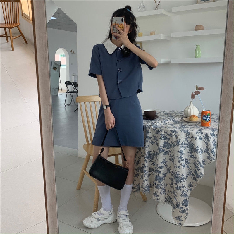 Bộ áo sơ mi lửng tay ngắn + chân váy lưng cao thời trang mùa hè cho nữ | BigBuy360 - bigbuy360.vn