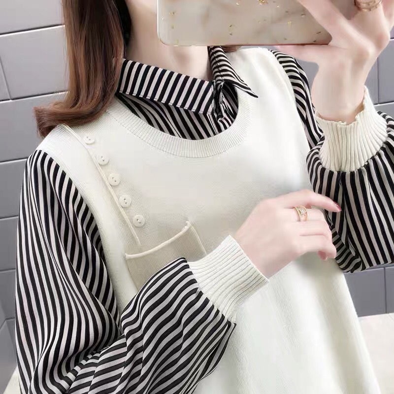 Áo Khoác Sweater Giả Hai Mảnh Dáng Rộng Thời Trang Mùa Đông 2022 Cho Nữ