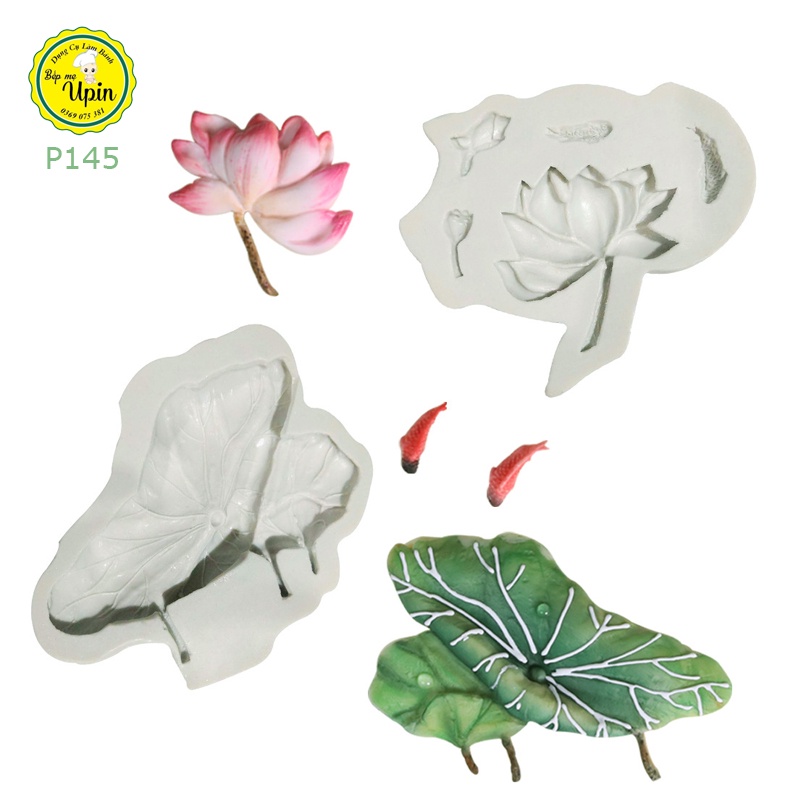 Bộ 2 khuôn silicone hoa lá sen và cá 2 sen cạn/ sen nằm làm rau câu xôi hoa đậu mặt sen nghiêng