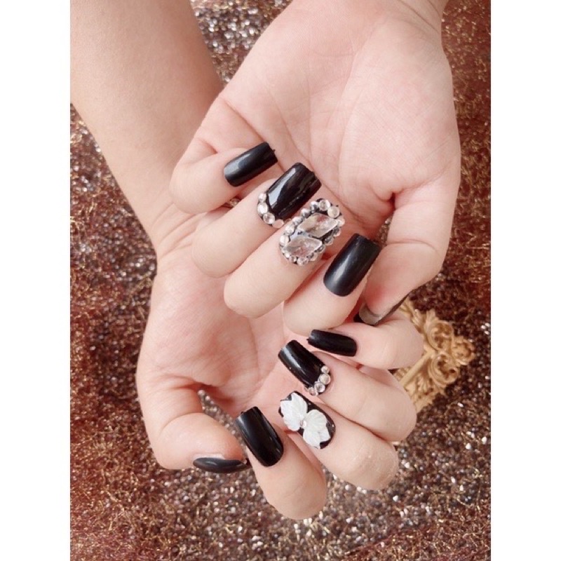 Móng tay giả thiết kế,naibox,móng úp tay giả màu đen vuông,kèm keo